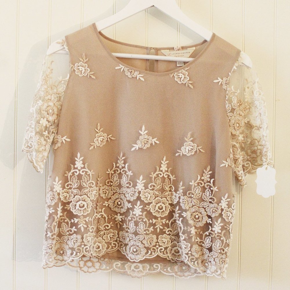 Lauren Conrad ✤ Runway Gold Lace Layered Blouse
